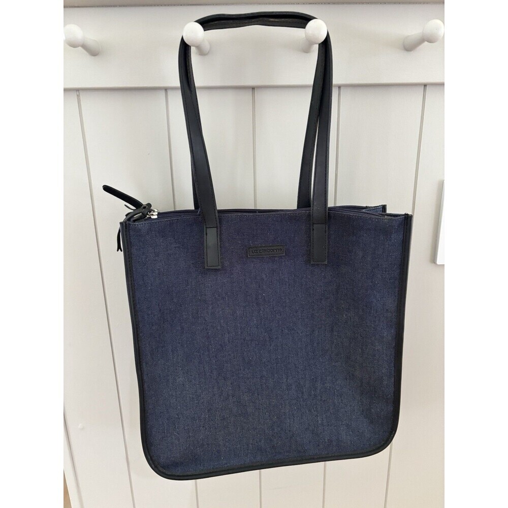 Vtg 90s Liz Claiborne Shoulder Tote Bag Womens Blue Denim Faux Leather Purse